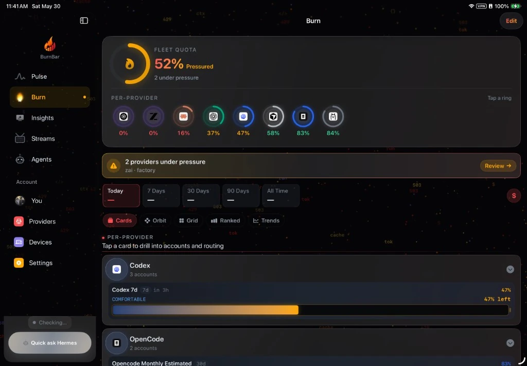 OpenBurnBar iPadOS app — Burn tab with Fleet Quota 52% Pressured, eight per-provider rings (Codex 47%, Cursor 58%, and more), and a Today / 7d / 30d / 90d / All-Time window switcher above per-provider cards
