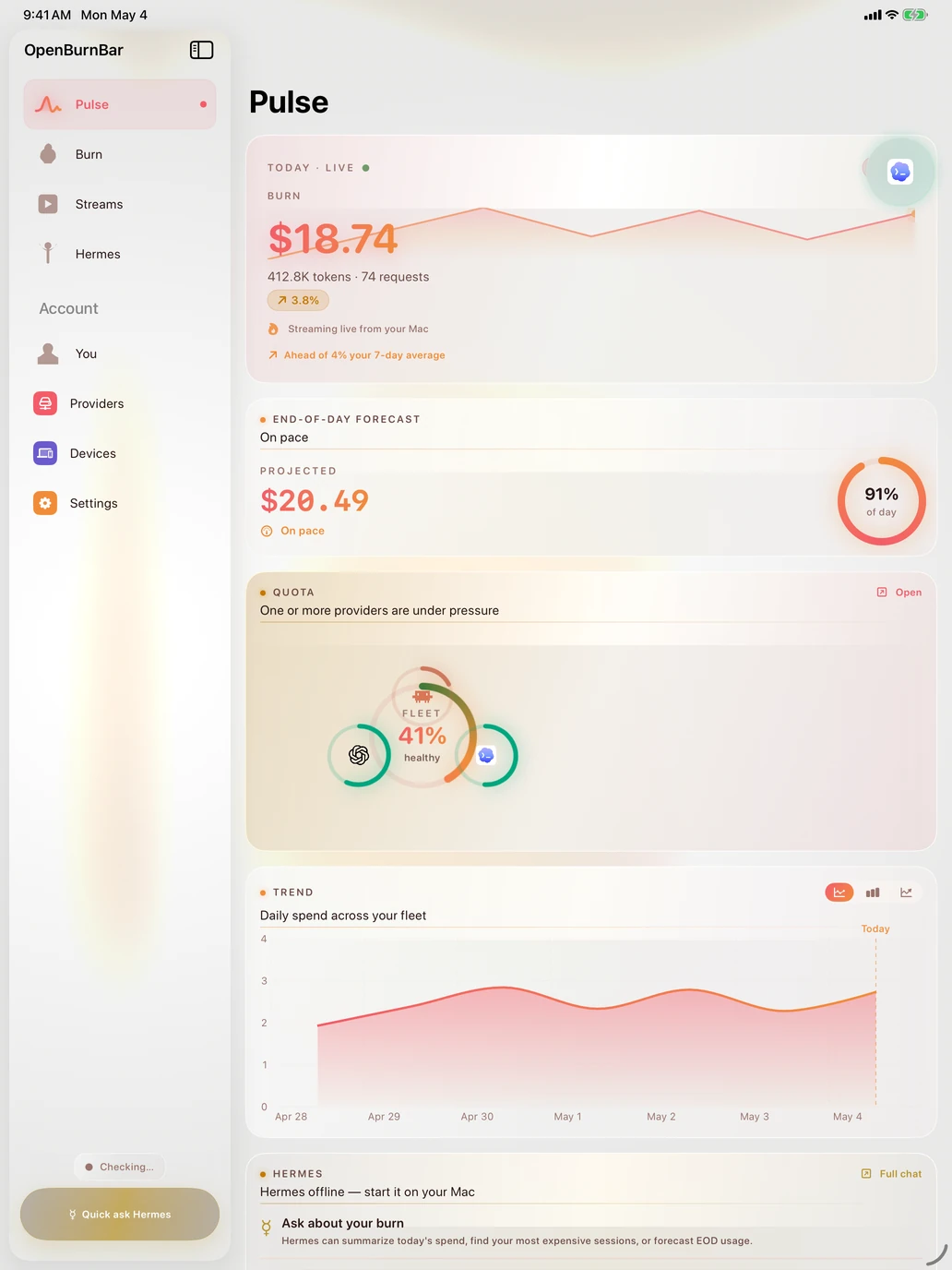 OpenBurnBar iPadOS app — Pulse tab with adaptive split-view, real burn telemetry