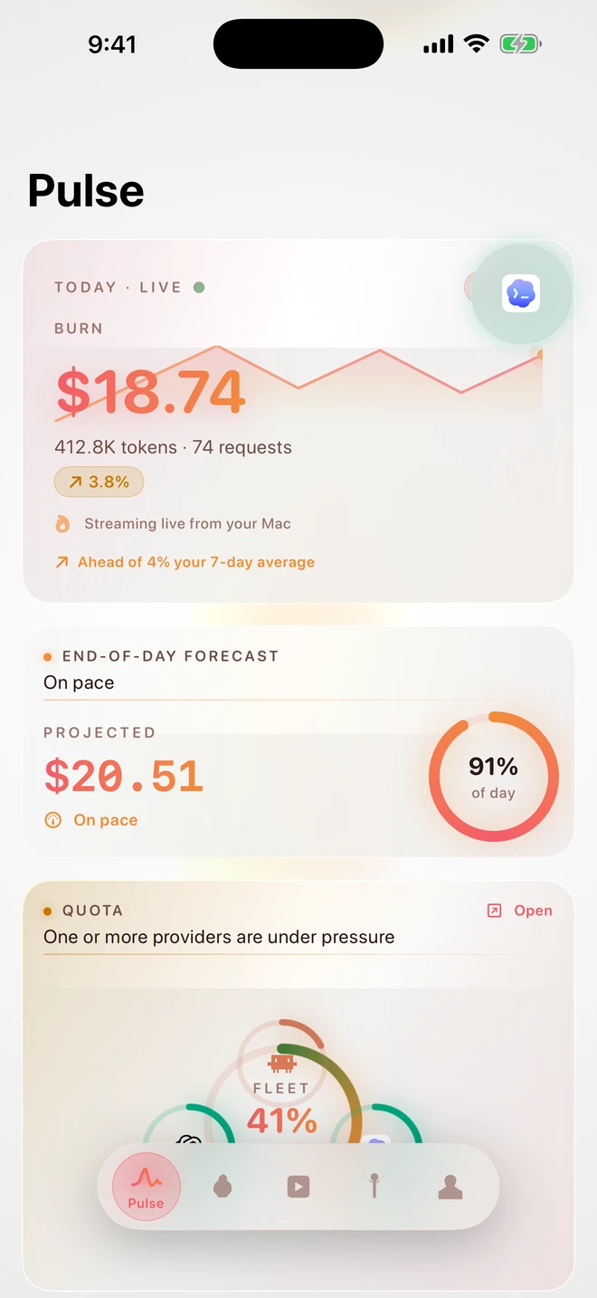 OpenBurnBar mobile Pulse tab — burn 1.53B tokens, 14,276 requests, end-of-day forecast $1,232.36